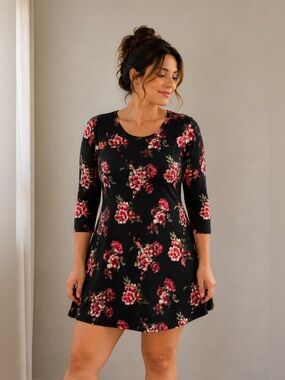 Discreet Black Floral Swing Dress Size S Soft Stretch Feminine